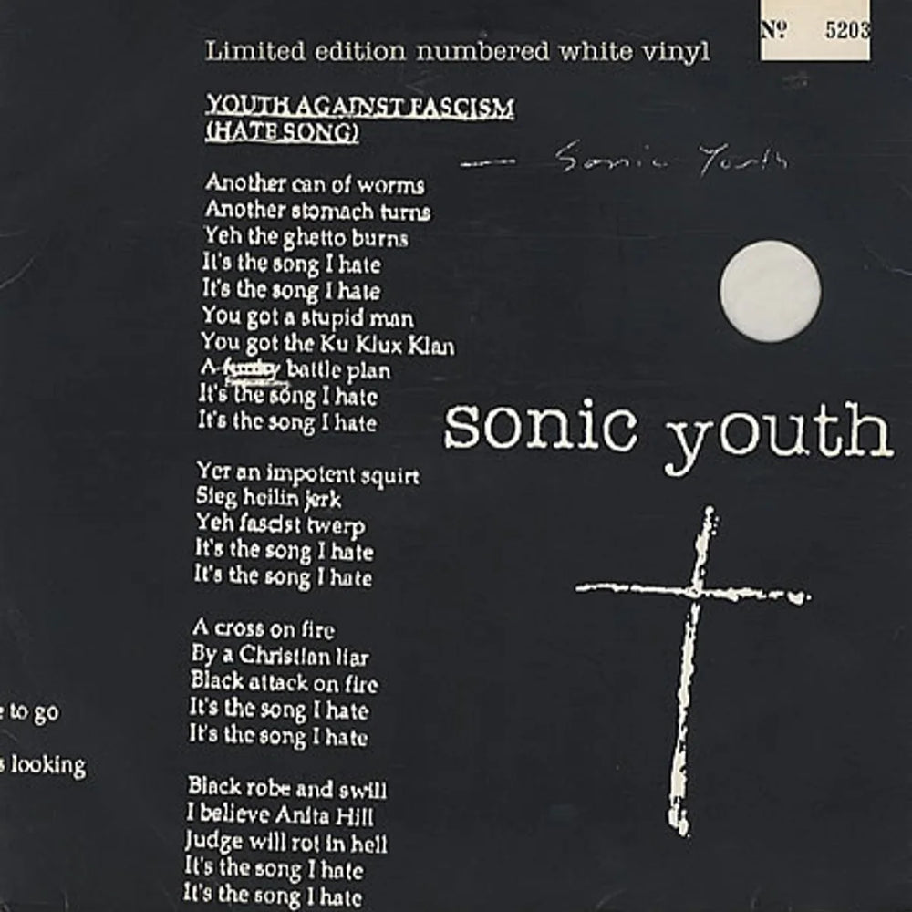 SONIC YOUTH - YOUTH AGAINST FASCISM (SINGLE 10") (LIMITED EDITION NUMBERED) (WHITE VINYL)